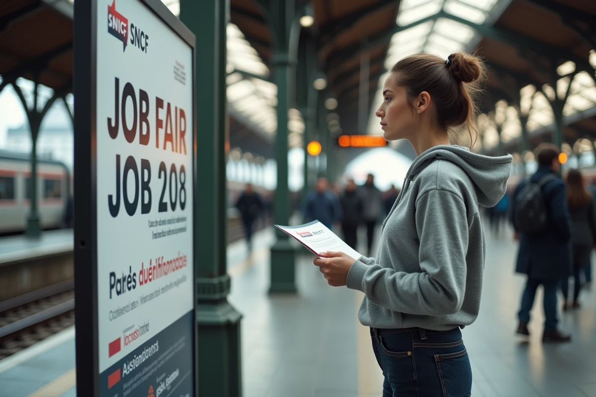 Jeune femme hésitante devant une affiche de recrutement SNCF en gare, symbolisant le manque d'attractivité des offres d'emploi ferroviaire