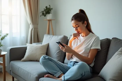 Jeune femme utilisant les réseaux sociaux sur son smartphone dans un appartement moderne, illustrant l'impact des médias sociaux sur la vie quotidienne