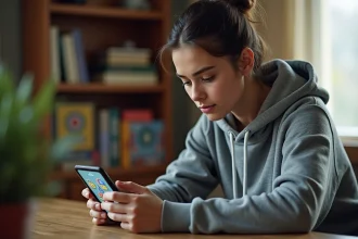 Joueuse consultant une solution de jeu d'évasion sur son smartphone à son bureau à domicile