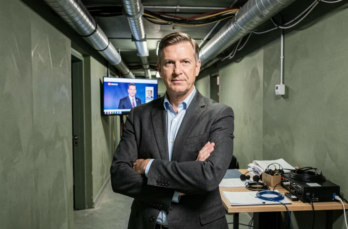 Journaliste politique dans les coulisses d'un plateau télévisé, bras croisés, entouré du matériel de production audiovisuelle