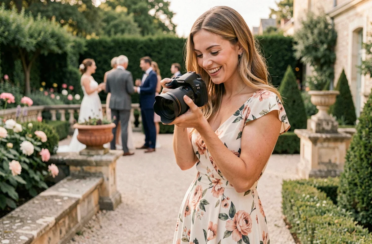 Une photographe féminine en robe fleurie souriant lors de la réception d'un mariage en jardin à Bordeaux, illustrant le style de Léa Tardat