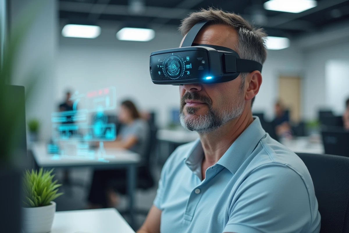 Homme portant un casque de réalité augmentée au bureau avec des défauts de superposition holographique, représentant les contraintes techniques de la RA