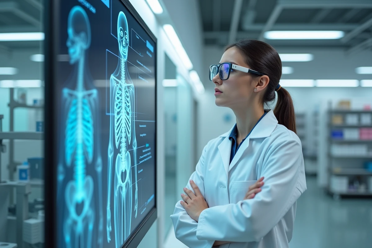Chercheuse en laboratoire observant un écran de réalité augmentée avec des artefacts visuels, illustrant les limites de la RA dans les applications scientifiques