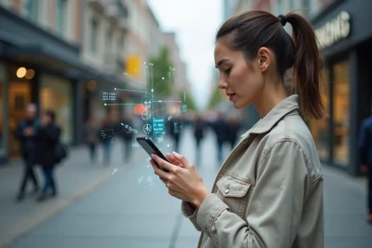 Femme utilisant la réalité augmentée sur smartphone en milieu urbain, illustrant les limites de superposition numérique dans un environnement réel
