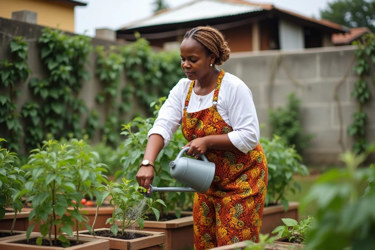 Femme nigériane pratiquant le maraîchage urbain dans un jardin potager à Lagos