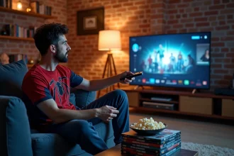 Jeune homme en t-shirt Spider-Man regardant un marathon de films sur sa télévision dans un salon confortable avec des Blu-ray empilés sur la table