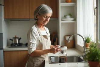 Femme versant du marc de café dans un bocal en verre près de l'évier de cuisine pour éviter de l'envoyer dans la fosse septique