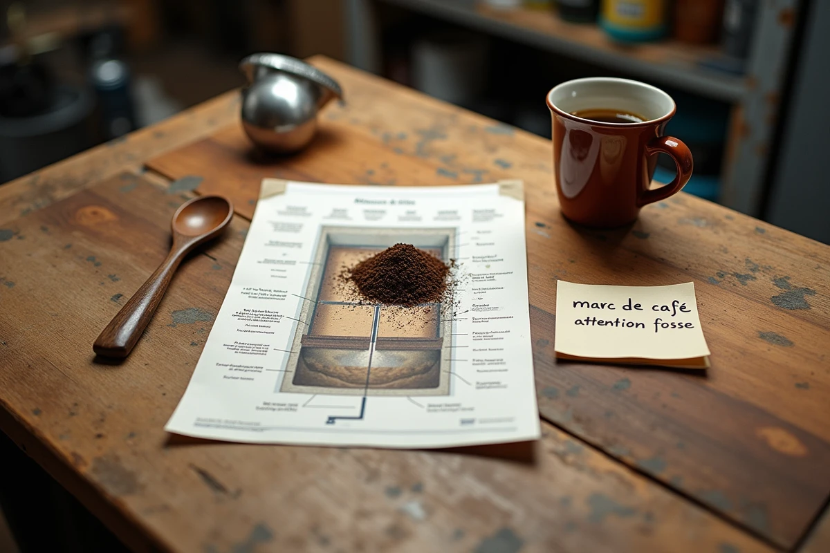 Vue de dessus d'un marc de café, d'un schéma de fosse septique et d'une note manuscrite posés sur une table en bois dans un contexte de recherche domestique