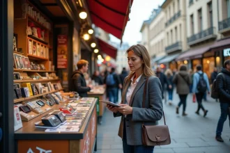Marché urbain animé avec des vendeurs et acheteurs dans une ville européenne illustrant un secteur économique en plein essor