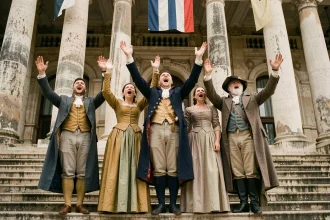 Groupe d'acteurs en costumes révolutionnaires chantant La Marseillaise sur les marches d'un opéra historique