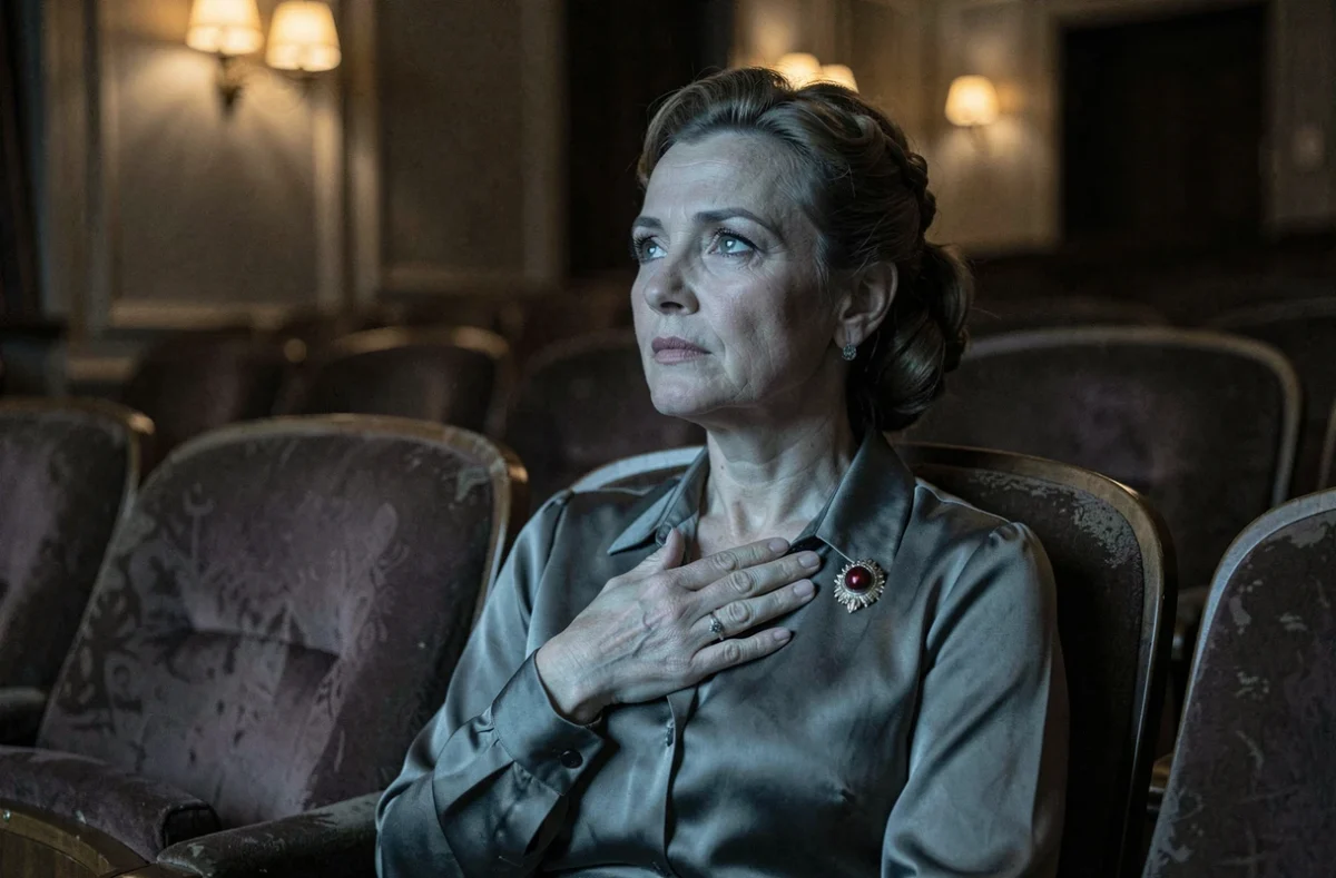 Femme émue regardant une scène de La Marseillaise dans une salle de cinéma vintage des années 1940