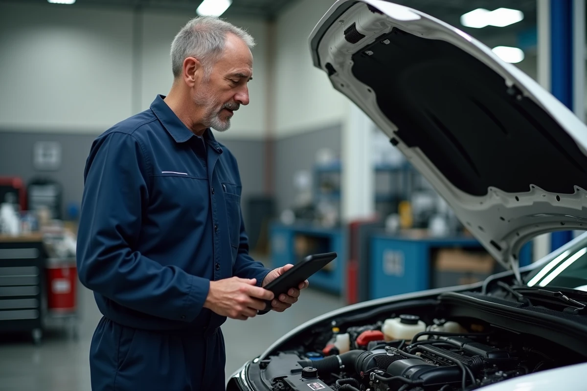 Mécanicien professionnel inspectant le moteur d'une Honda Civic dans un garage moderne