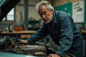 Mécanicien examinant un moteur défectueux dans un garage automobile indépendant