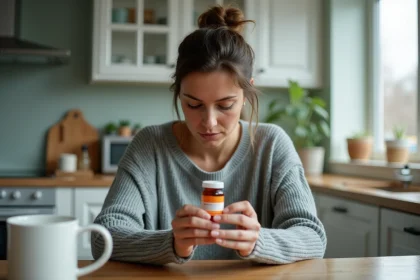 Femme stressée tenant un flacon de médicament dans une cuisine moderne, réfléchissant à son traitement contre le stress
