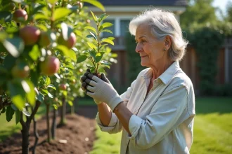 Femme inspectant un jeune pommier dans un verger résidentiel bien entretenu avec des rangées d'arbres fruitiers
