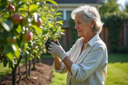 Femme inspectant un jeune pommier dans un verger résidentiel bien entretenu avec des rangées d'arbres fruitiers