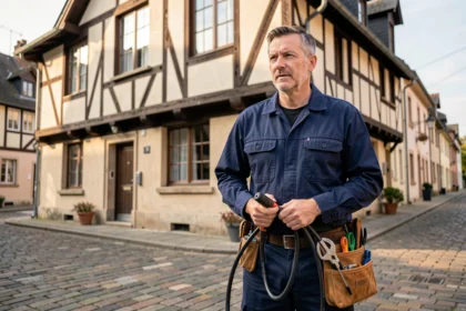 Électricien professionnel en Normandie devant un bâtiment à colombages typique de la région