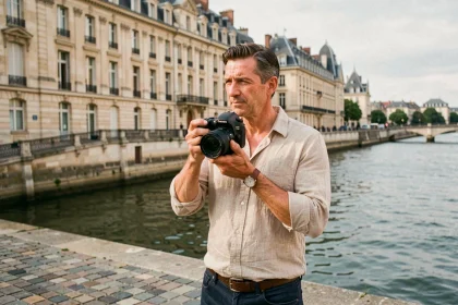 Un photographe professionnel tenant son appareil photo devant les quais de Bordeaux, illustrant le meilleur de la photographie en Gironde