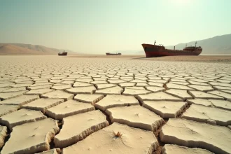 Fond marin asséché de la mer d'Aral avec crevasses dans la terre et épaves de bateaux rouillés sur sol désertique