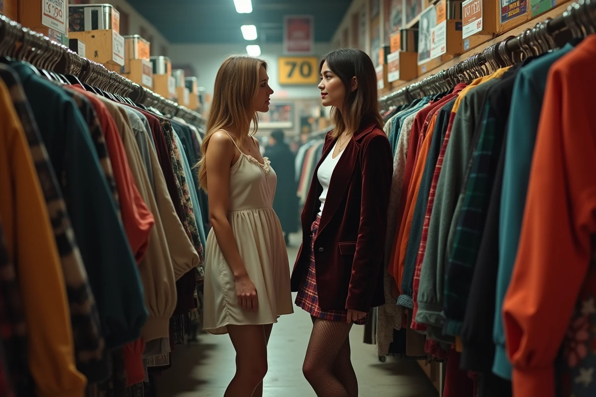 Deux femmes en vêtements vintage des années 90 explorant un magasin de seconde main, tenues slip dress et blazer velours style grunge