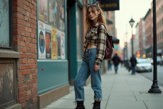 Jeune femme en tenue grunge années 90 avec jean taille haute, chemise à carreaux et boots plateforme devant un mur de briques urbain