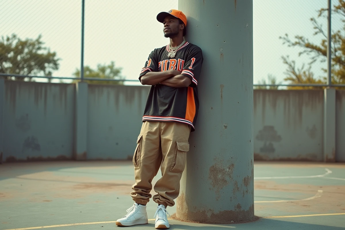 Homme en tenue streetwear hip-hop années 90 avec jersey oversize, baggy cargo et sneakers blanches sur un terrain de basket
