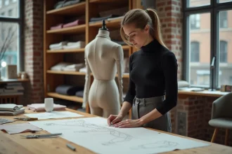 Modéliste ajustant une toile en mousseline sur un mannequin de couture dans un atelier professionnel