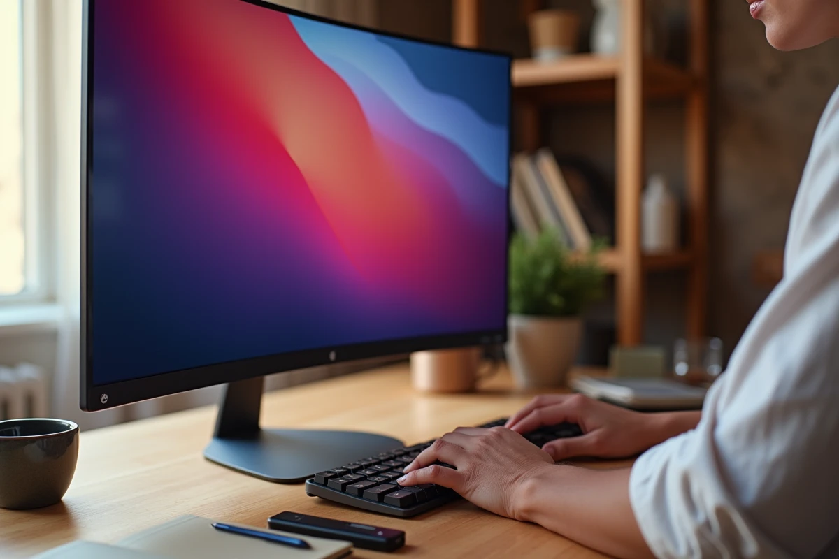 Moniteur incurvé utilisé pour le montage photo sur un bureau de télétravail bien organisé