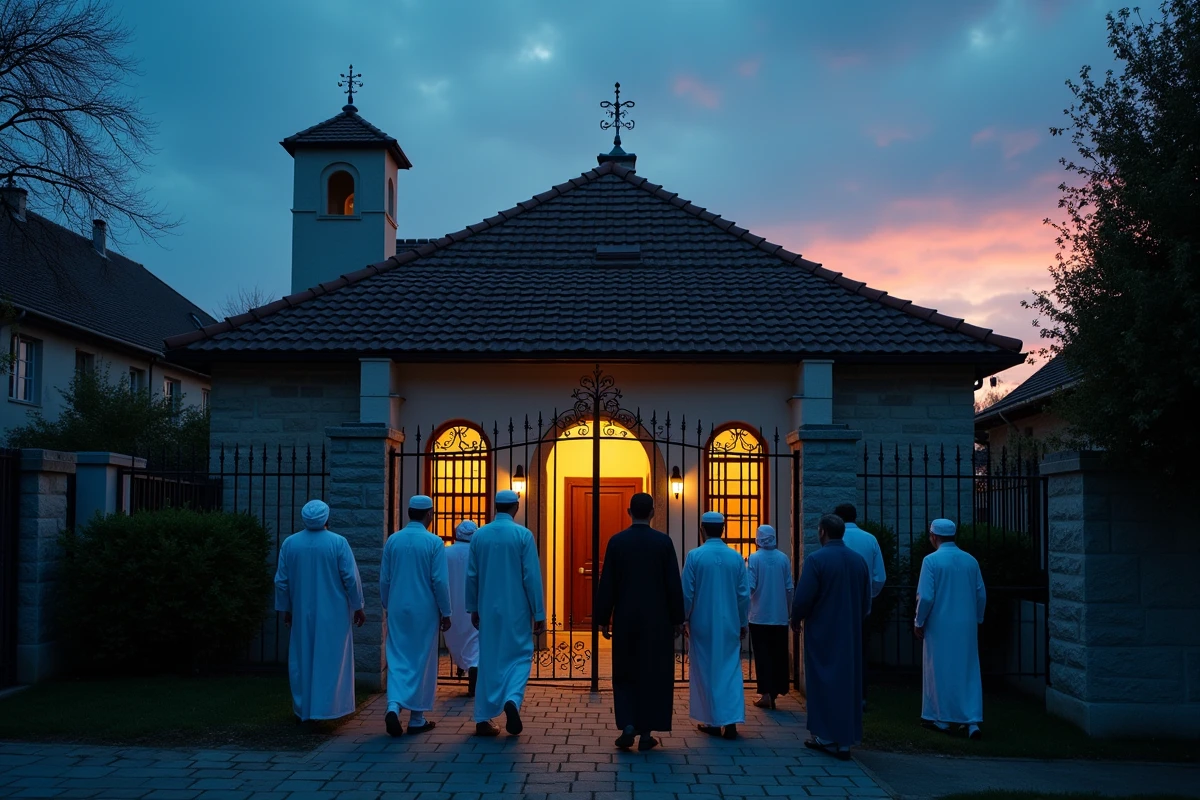 Mosquée de quartier à Compiègne avec des fidèles arrivant pour la prière du soir Maghrib au crépuscule