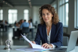 Femme professionnelle en blazer marine révisant des documents liés aux objectifs de protection dans un bureau moderne