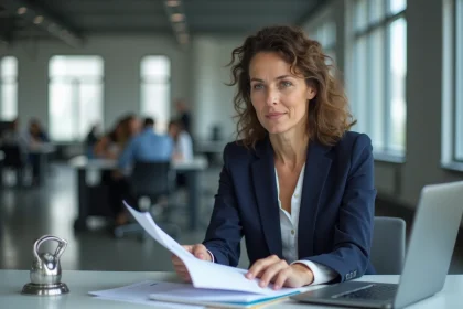 Femme professionnelle en blazer marine révisant des documents liés aux objectifs de protection dans un bureau moderne