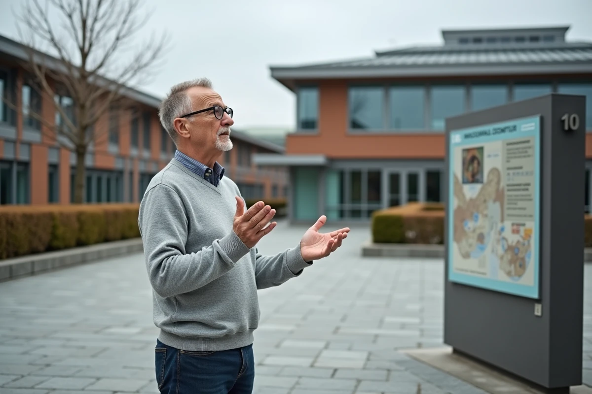 Homme debout devant un bâtiment municipal expliquant les objectifs de protection réglementaire