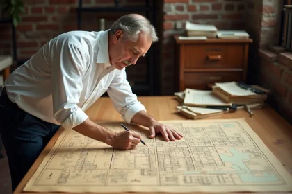 Urbaniste étudiant une carte de zonage historique sur une table à dessin dans un bureau municipal des années 1920, illustrant l'origine du zonage urbain