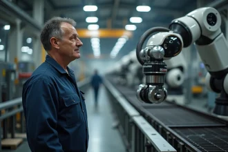 Ouvrier d'usine face à un bras robotique automatisé, illustrant l'impact du progrès technique sur l'emploi industriel