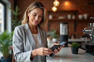 Femme payant sans contact avec son smartphone dans un café parisien, illustrant la disparition de l'argent liquide au quotidien