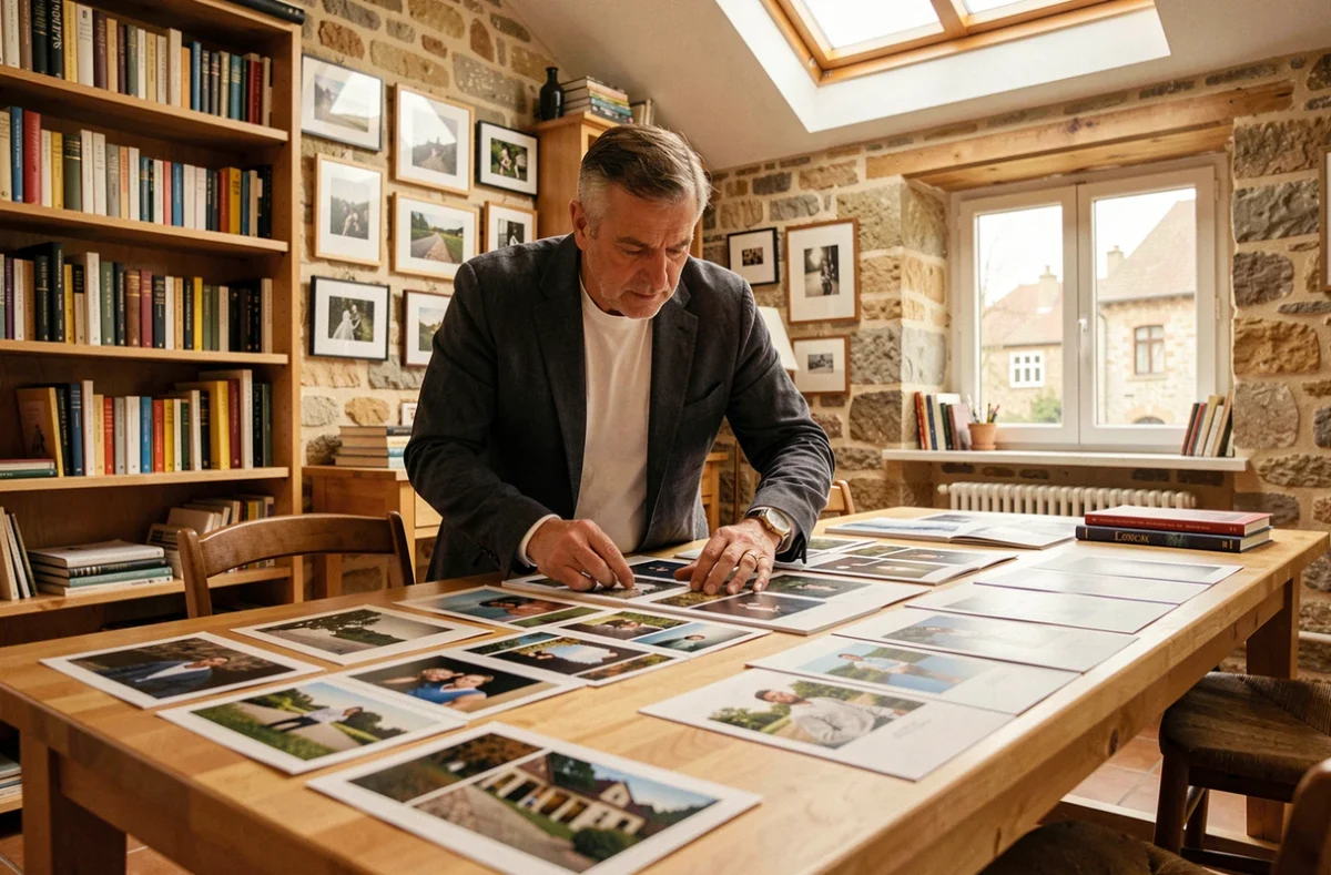 Un photographe professionnel analysant des tirages photo sur une grande table dans un atelier chaleureux de Gironde, illustrant Panajou photographe professionnel