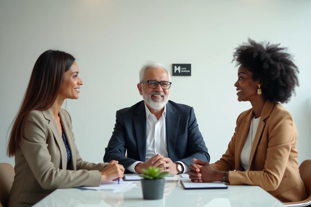 Panel de recrutement diversifié lors d'un entretien d'embauche dans un bureau épuré