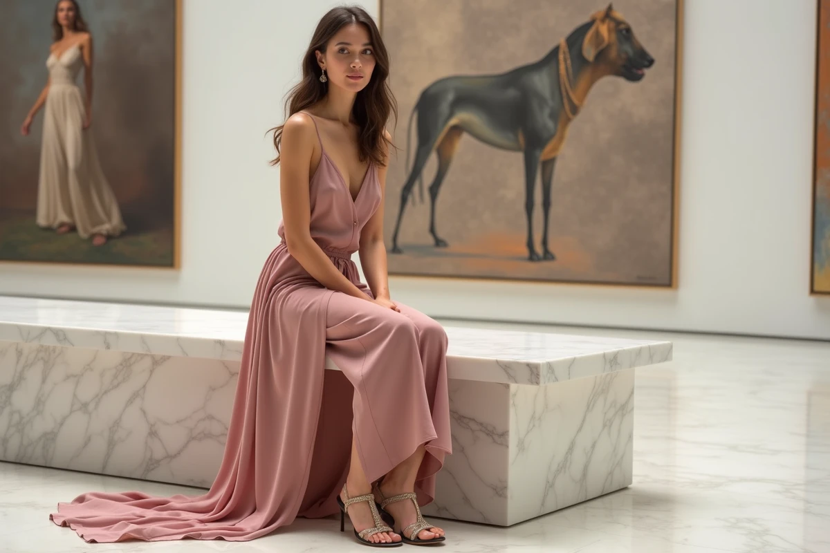 Femme assise sur un banc en marbre portant un pantalon à double ourlet fendu fluide dans une galerie d'art contemporain, mode 2026
