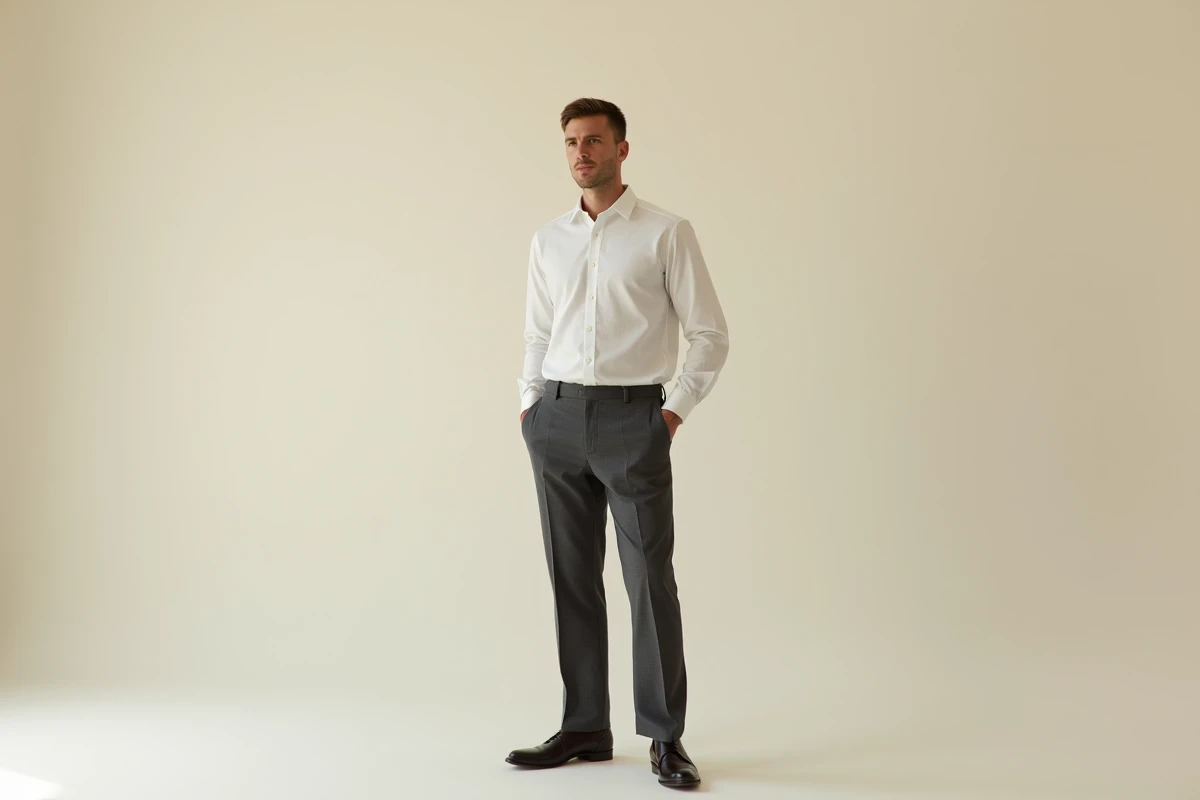 Homme en pantalon slim à ourlet fendu anthracite en studio minimaliste, tendance mode masculine 2026