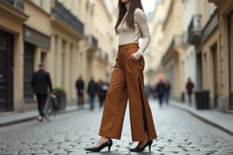 Femme portant un pantalon à ourlet fendu large en crêpe camel dans une rue pavée parisienne, style éditorial mode 2026