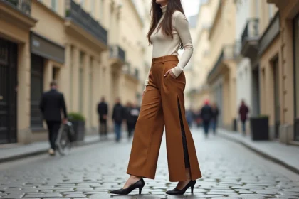 Femme portant un pantalon à ourlet fendu large en crêpe camel dans une rue pavée parisienne, style éditorial mode 2026