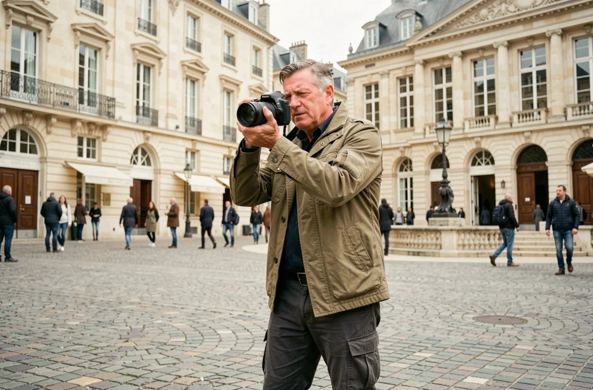 Un photographe en veste de terrain capturant des portraits de rue près de la Place de la Bourse à Bordeaux, illustrant Pascal Gonzalez photographe