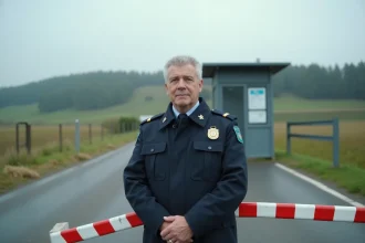 Agent de contrôle frontalier devant un poste-frontière européen désert en zone rurale, illustrant la faible immigration dans certains pays d'Europe