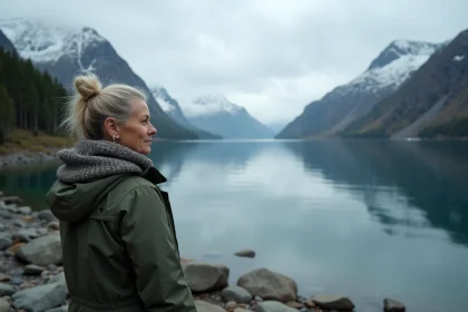Femme debout sur une côte rocheuse nordique face à un fjord entouré de forêts de pins, symbolisant la résilience climatique des pays scandinaves