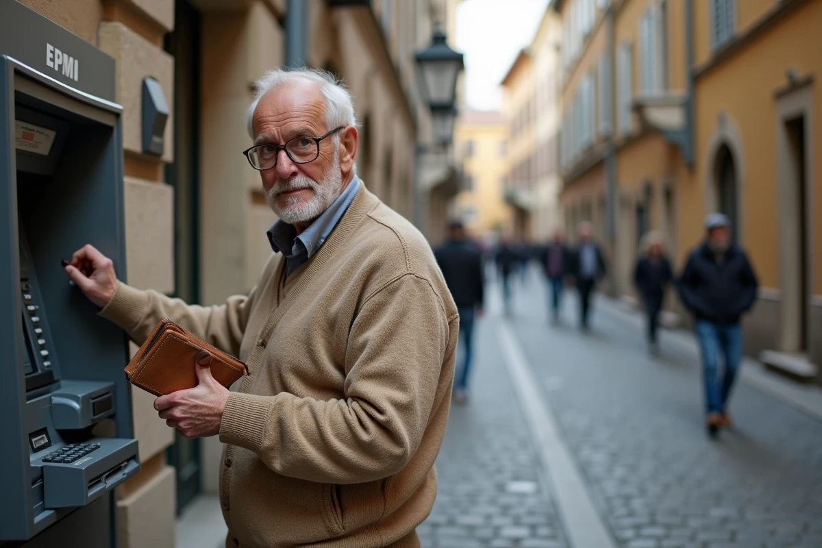 Homme âgé hésitant devant un distributeur automatique de billets, symbolisant la fracture numérique face à la dématérialisation de l'argent