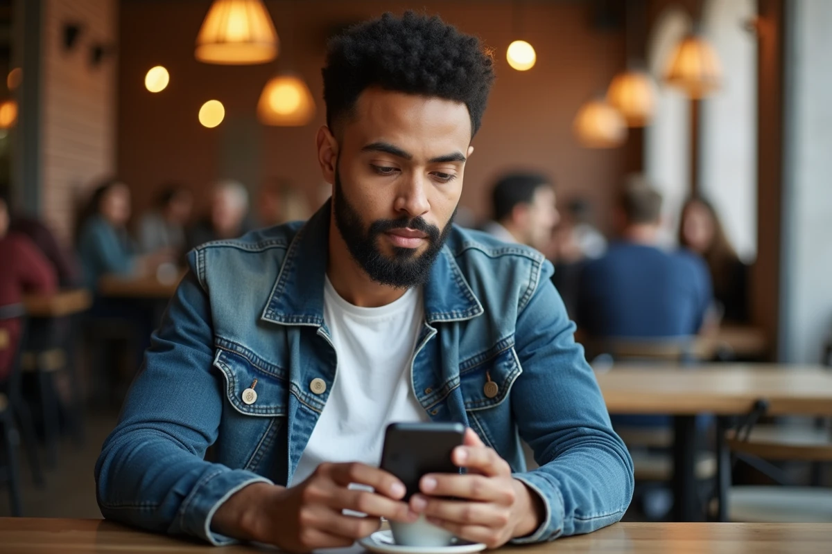 Personne transgenre réfléchissant à la rédaction de son profil de rencontre dans un café urbain avec smartphone