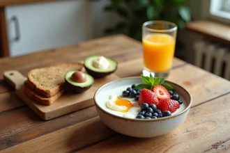 Petit déjeuner sain complet avec yaourt grec aux fruits frais, avocat, œuf mollet et toast complet sur une table en bois rustique