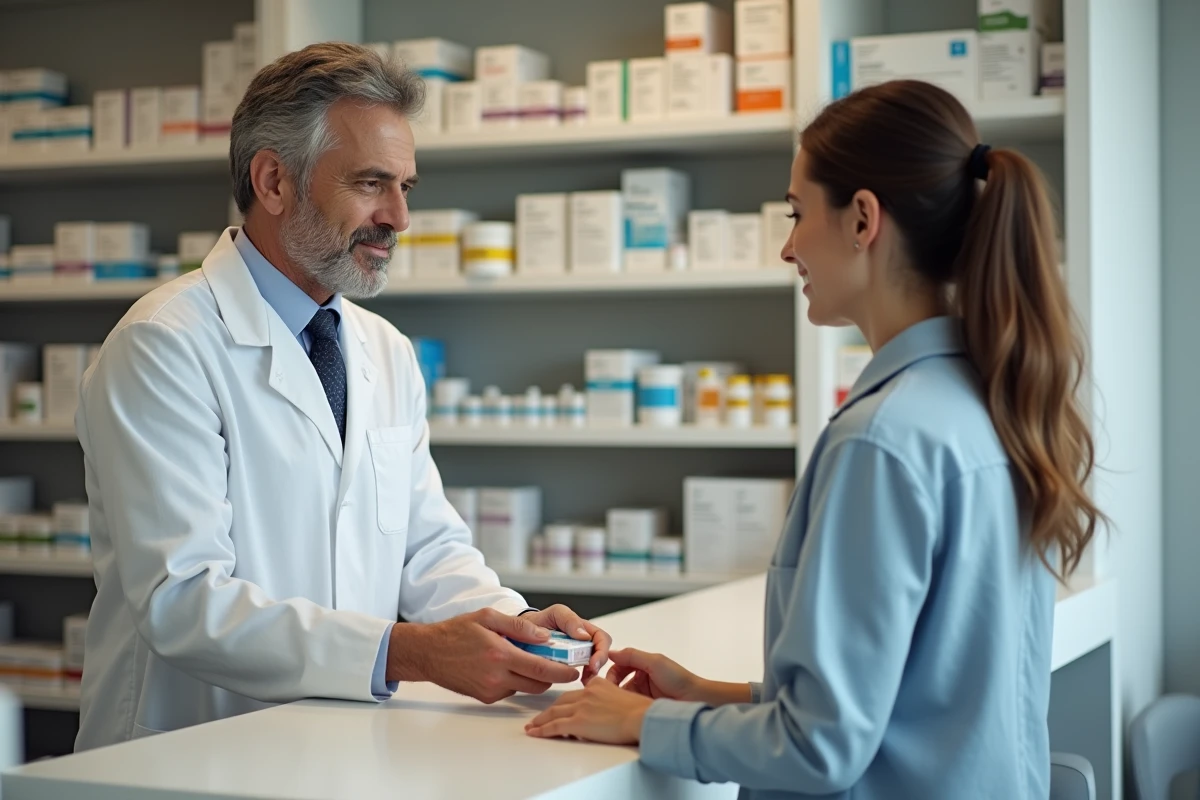 Pharmacien remettant un médicament contre le stress à une cliente dans une pharmacie moderne