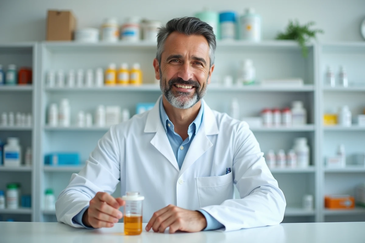 Pharmacien tenant un récipient de 50 ml à côté d'une bouteille d'un litre pour illustrer la conversion de volume en mililitres