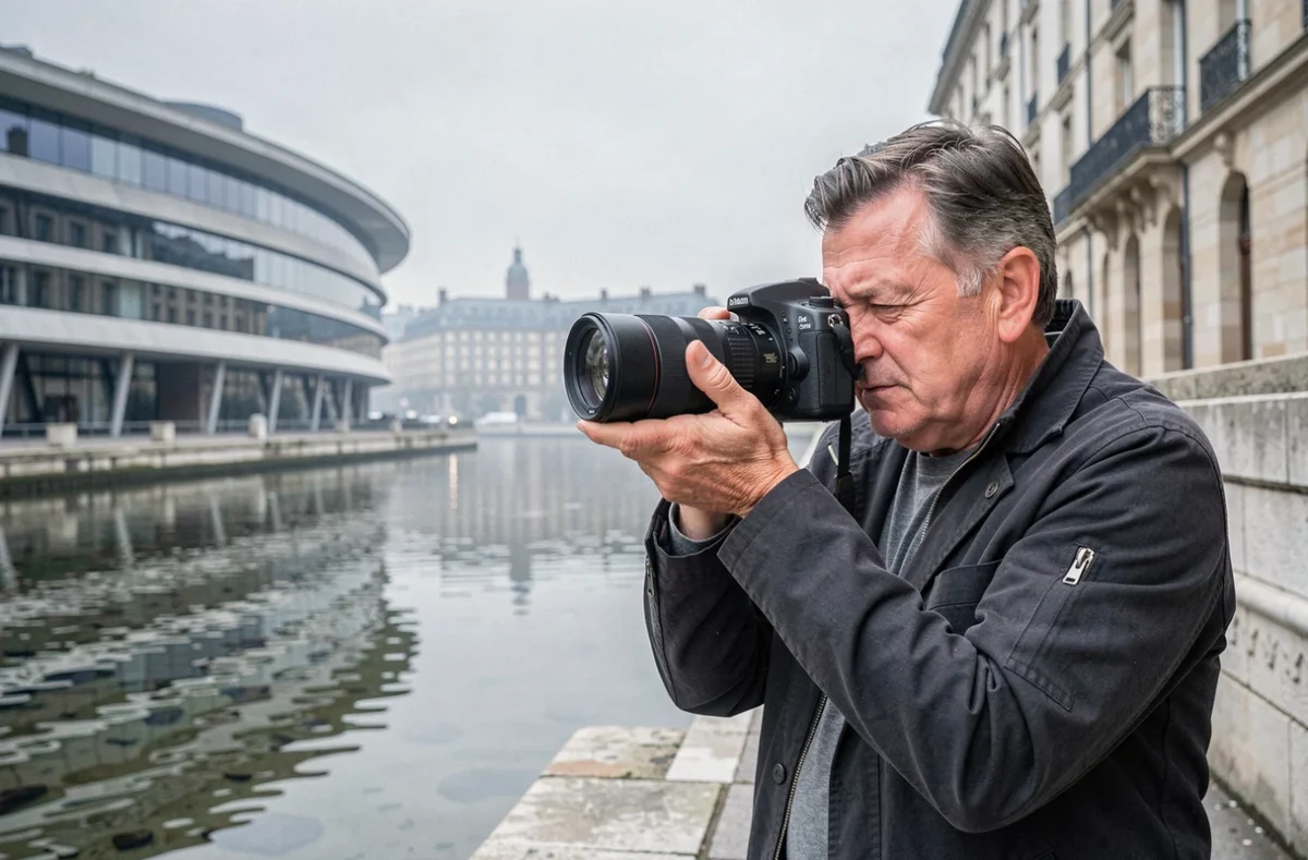 Un photographe expérimenté photographiant l'architecture contemporaine au bord de la Garonne à Bordeaux, illustrant Philippe Castex photographe